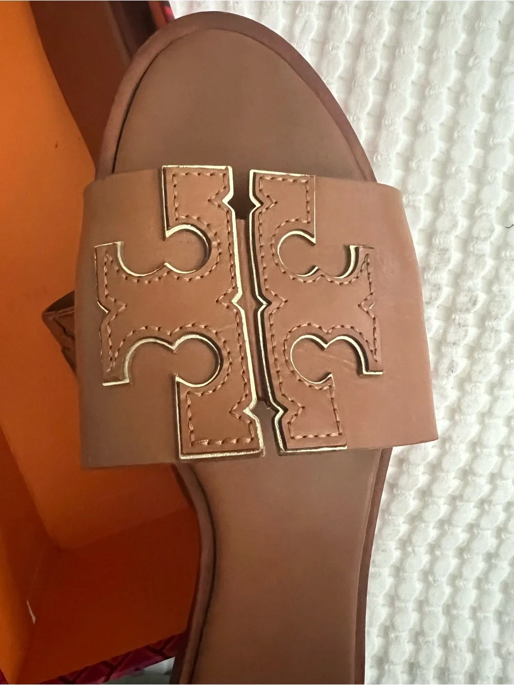 Tory Burch Cognac Leather Logo Slide Sandals